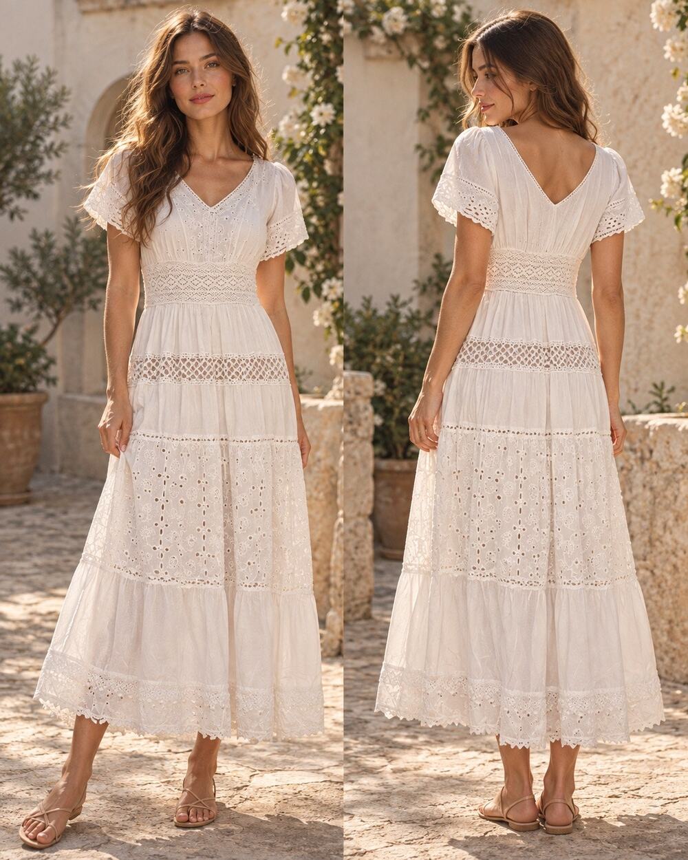 Anthropologie Magic White Eyelet Crochet Cotton Maxi Dress Boho Cottagecore M